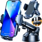 HTU 2026 Upgraded [True Military-Grade] Car Phone Holder【Safety Certs & No Smell】 Cell Phone Holder for Car Mount for Dashboard Windshield Air Vent Long Arm Thick Case,Black