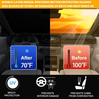 Sunshade for Car Windshield Fit Hyundai Kona 2024 2025 Windshield Sun Shade Foldable Blocks UV Rays & Heat Easy to Install and Store Made of 240T Polyester with Storage Bag - Image 2