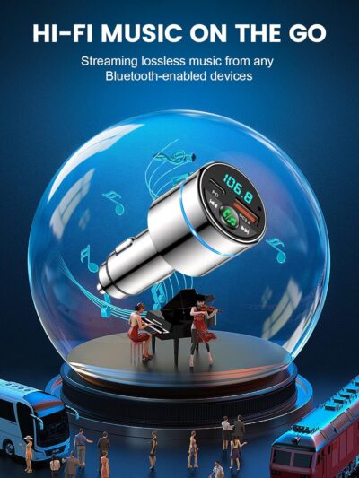 FM Transmitter for Car Bluetooth 5.3, [All-Metal] PD 30W & QC3.0 18W Fast Car Charger, Wireless FM Radio Kit Bluetooth Car Adapter, Noise Cancelling Hands-Free Call, Blue Light - Silver - Image 4