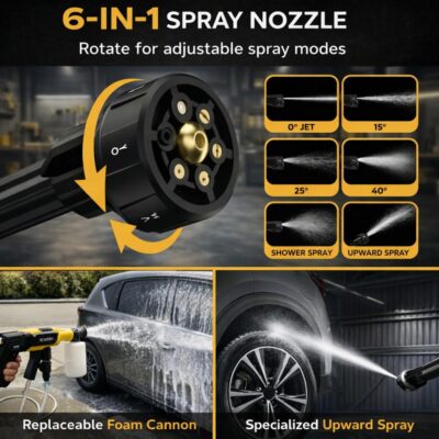 Battery Powered Power Washer - 2×4.0Ah Batteries,1100 PSI,Brushless Motor, Portable Cordless Pressure Washer with 6-in-1 Nozzle, 3 Power Level, Hand Held Pressure Washer for Cars Patio Driveway - Image 4