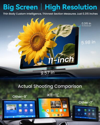 11" Extra Large Wireless Apple CarPlay Screen for Car – Ultra-Slim 0.16 Inch Touchscreen Car Stereo with Android Auto, 4K Dash Cam, 1080p Backup Camera, GPS, Mirror Link, Voice Control - Image 4
