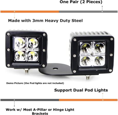 iJDMTOY Add-On Dual Pod Light Mounting Brackets for Truck SUV Hood Hinge or A-Pillar Mount LED Pod Light System - Image 2