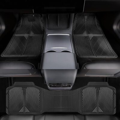 CAR PASS Rubber Floor Mats, All Weather Waterproof Trim-to-Fit Automotive Mats for Cars Trucks SUV, Anti-Slip Easy Clean, Heavy Duty Full Set 3-Piece, All Black - Image 2