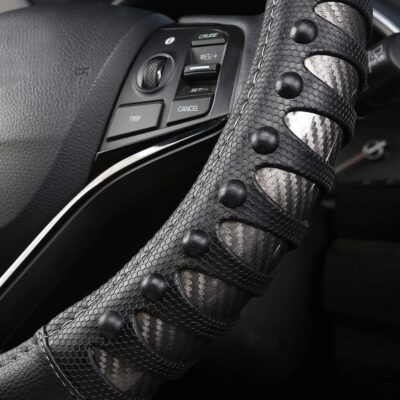 West Llama Microfiber Leather Car Steering Wheel Cover for Men Women,Universal Fit 14.5-15 inch(Leather Nails-Gray+Black-Standard Size) - Image 5