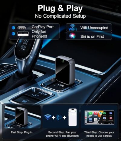 2026 Wireless CarPlay Adapter for iPhone - No Audio Lag, 5s Auto-Connect- Convert Factory Wired to Wireless CarPlay - Bluetooth 5.3 & 5GHz Wi-Fi - Plug & Play (Includes USB A/C) - Image 3