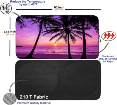 Gven Windshield Sun Shade, Car Front Window Shades Cute Sunshade Cover Sun Visor Shield Block Automotive Interior Protector Blocks UV Rays for Pickup Truck SUV Accessories(Sunset Purple, L), Large - Image 2