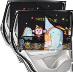 Car Window Shades for Baby, 2 Pack Magnetic Double Layer Car Sun Shade Baby with Storage Pockets, Adjustable Privacy Blackout/See-Through Cartoon Pattern Window Curtains for Kids UV Protection