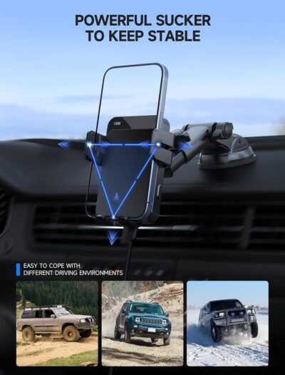 MOKPR Wireless Car Charger, 15W Auto Clamping Car Charger Dash Windshield Air Vent Phone Holder Compatible with iPhone 16 15 14/13/13 Pro/12 pro/12/11/X/8, Samsung S24/S23/S22 - Image 7