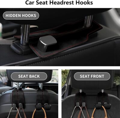 2 Pack Car Hooks for Headrest, Headrest Hooks Car Purse Hook Car Seat Back Storage Hook Premium Leather Car Seat Holder for Headrest Purses and Bags (Black) - Image 3
