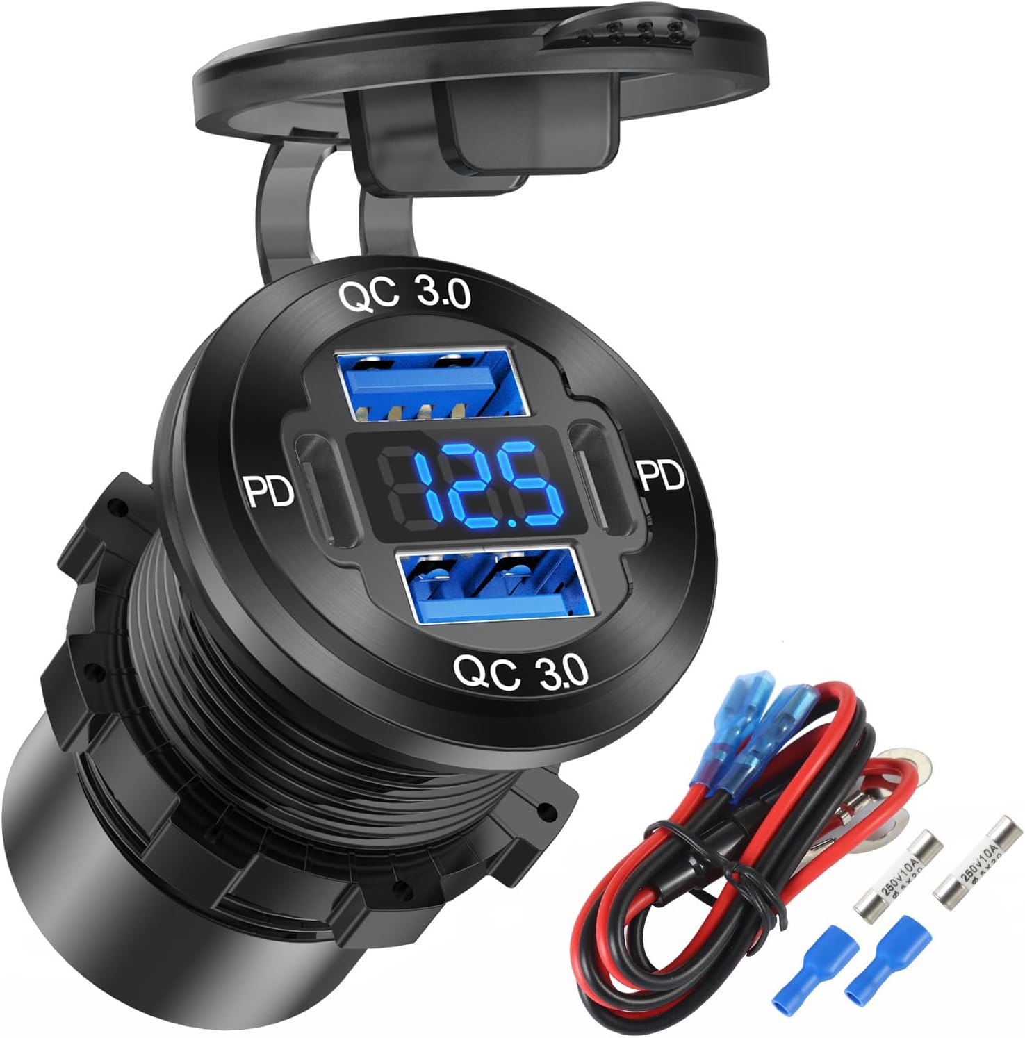 71lvQBJm1uL._AC_SL1500_.jpg Upgraded 4 Port 12V USB Outlet Aluminum Charger, 78W Dual PD & QC Multiple USB Port for Car, USB C Cigarette Lighter Replacement 12 Volt Socket with Voltmeter Waterproof for Marine Boat Motorcycle RV - Image 1