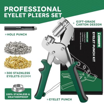 Professional Grommet Tool Kit with 3/8 Inch Eyelets - Heavy Duty Metal Grommet Press for Fabric, Leather, Tarps, DIY and Crafts, Tonmifr Grommet Kit with Hole Cutter, Pliers & 300 Pcs 10mm Grommets - Image 2