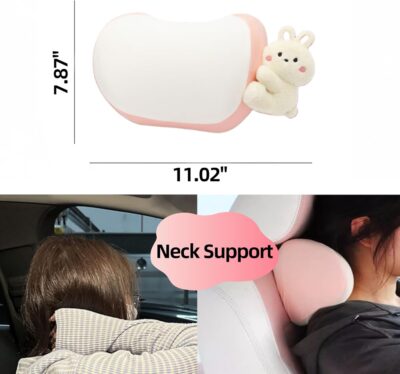 Car Headrest Pillow 2PCS Bear or Bunny Car Seat Neck Pillow Car Decor Memory Foam Neck Support Cushions for Comfortable Driving, Easy Install & Washable (Pink) - Image 6