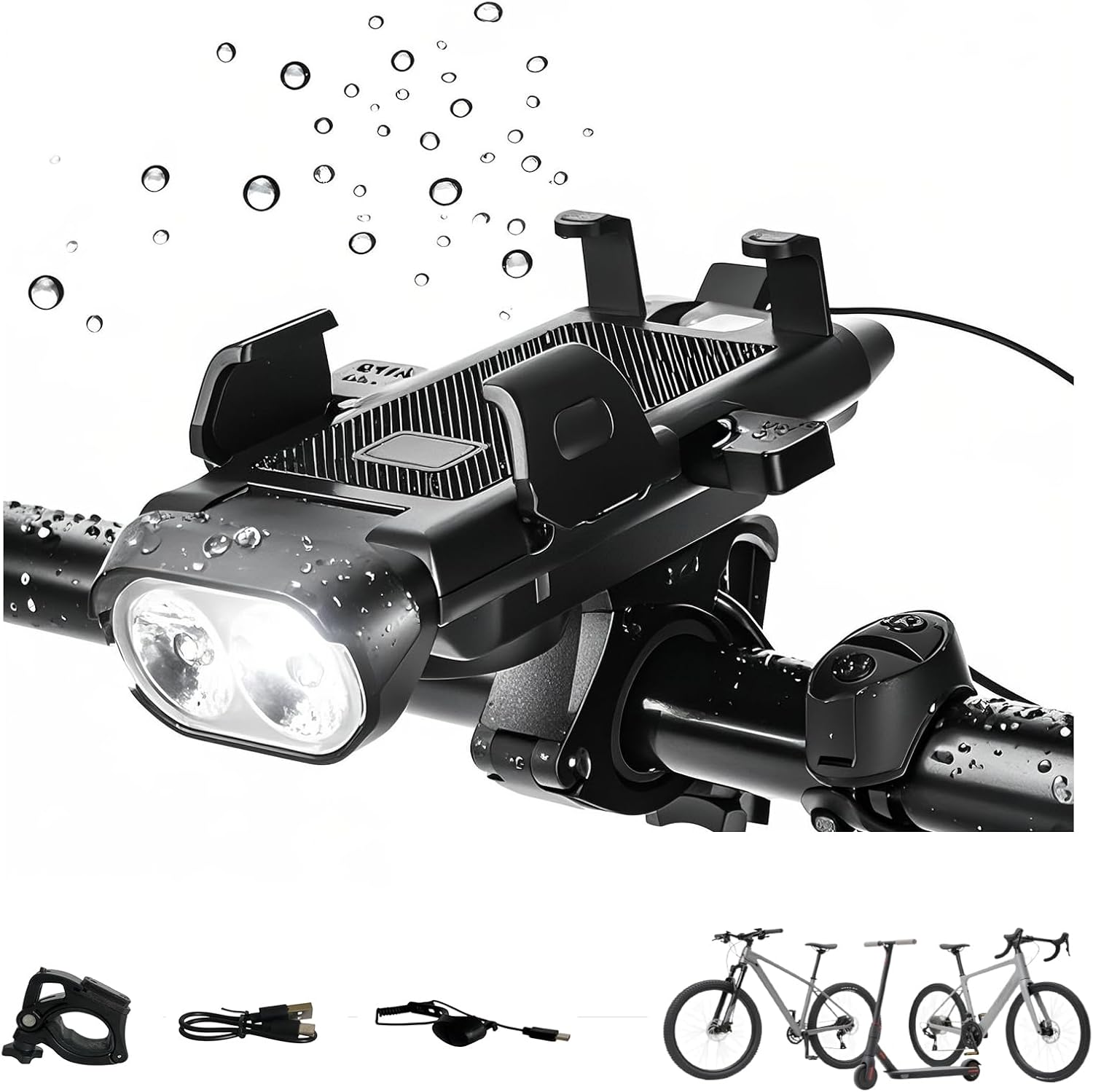 71m6w2GZrbL._AC_SL1500_.jpg 4 in 1 Bike Phone Mount with Light, Bicycle Phone Holder with 500 Lumen LED Headlight,3000mAh USB Charger&130dB Horn,Easy Install for Handlebar,E-Bike,Road & Mountain Bicycle(Black) - Image 1