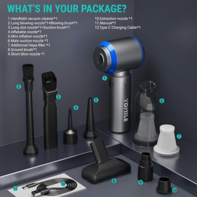 Mini Vacuum Cleaner, 2 in 1 27000PA Brushless Car Vacuum &250000RPM Air Duster 9000mAh Battery Air Blower Wireless Handheld Vacuum for Car,Office and Home (27Kpa) - Image 5