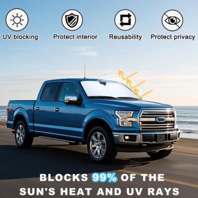 PIMCAR Windshield Sunshade for Ford F-150 2015-2020 | Premium 310T Reflective Polyester UV & Heat Blocker | Reduces Interior Temperature, Foldable with Storage Pouch - Image 3