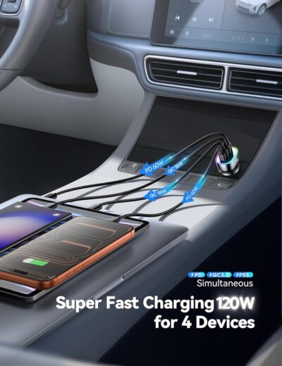 120W for iPhone 17 16 Pro Max Car Charger USB C Fast Charge, 4-Port Car Charger Cigarette Lighter Adapter, Dual 60W USBC & USB-A Multiport Car Adapter for iPhone 17 Pro/15/14/13, Galaxy S26/S25, iPad - Image 9