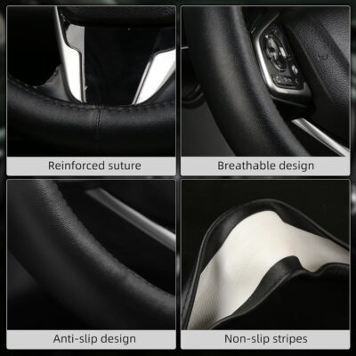 Leather Steering Wheel Cover, Anti-Slip, Safety, Soft, Breathable, Adaptable to 14.5-15 inches Steering Wheel Fit SUV Jeep Van Sedan, Car Steering Wheel Protector for Women Men,Classic Black - Image 4