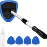 AstroAI Windshield Cleaner Tool, Car Interior Window Detailing Cleaning Kit with Extendable Handle and 4 Easy-to-Install Reusable Microfiber Pads, Auto Glass Wiper Brush Kit for Car&Home, Blue, 21in