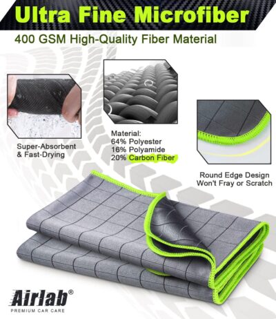 Airlab Carbon Microfiber Towels for Car Glass Window Polishing Cleaning Cloth Auto Detailing Lint Free Streak Free Drying Car Wash Large Towel, Pack of 2, 20" x 16", Grey-Green - Image 6