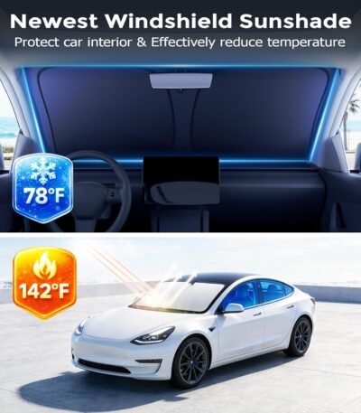 DMJN Windshield Sun Shade - Medium, Car Sunshade for Front Windshield [Nano Ice-Crystal Coatings] UPF50+ Heat Block & UV Reflective - Protect Interior & Keep Cooler - Image 2