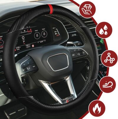 Car Steering Wheel Cover, Steering Wheel Accessories, 15 Inch Microfiber Leather Carbon Fiber Soft Anti-Slip Breathable, Car Accessories Elastic Non-Slip Cover for Most Vehicles (Black) - Image 3