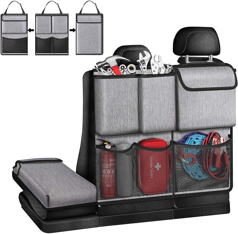 71me9Ui1J8L._AC_SL1200_.jpg Mandark Car Trunk Organizer, Detachable Vehicle Seatback Hanging Storage Container with Zippers, Large Capacity Waterproof Auto Seat Back Trunk Bag Accessories, Universal for Most Vehicles (Gray) - Image 1