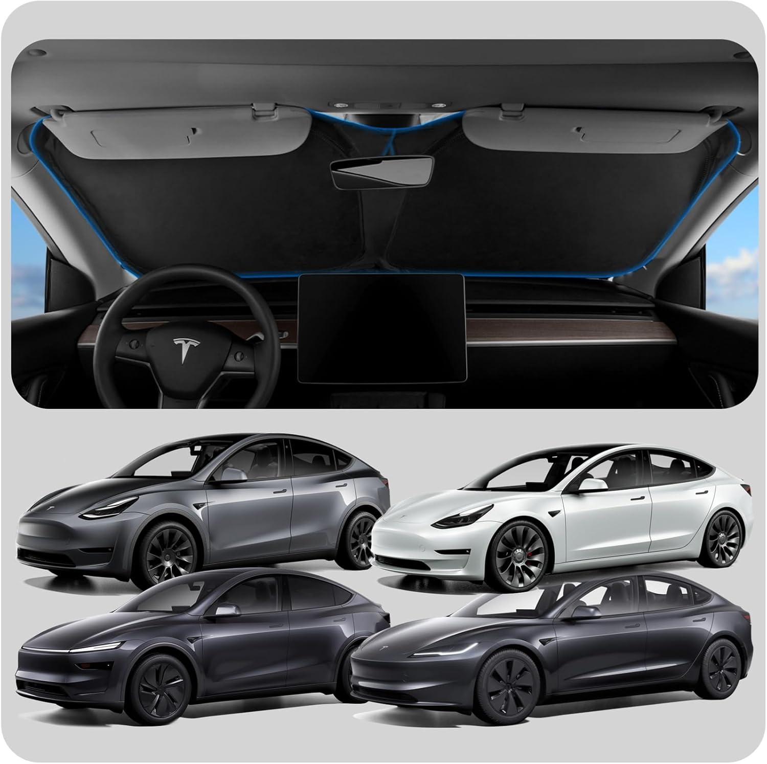 71menDIIjiL._AC_SL1500_.jpg Spigen Front Windshield Sunshade for All Tesla Model Y & 3 | Dual Layered Protection Car Accessories for Model Y Juniper and Model 3 Highland | Gift for Tesla Owner - Image 1