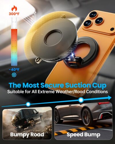 Upgraded Car Phone holder for Magsafe [120LBS Suction Cup & 3000gf Magnet ] 1100° Adjustable Vacuum Magnetic Phone Holders for Your Car, Dashboard Car Mount Bracket for iPhone & Android, Carbon Fiber - Image 7