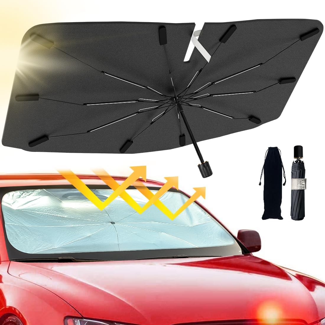 71myzbL7fGL._AC_SL1100_.jpg 2026 Windshield Sun Shade Umbrella, Foldable Car Umbrella Sunshade with UV Block Car Front Window (Heat Insulation Protection) for Auto Windshield Covers Trucks Cars (Large) - Image 1