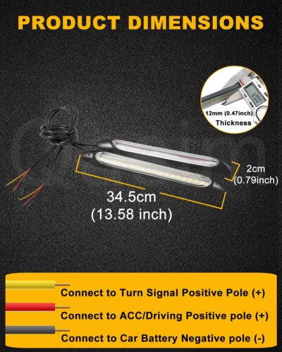 Qasim DRL LED Strip Car Daytime Running Light 14in White Automobile Decorative Warning Lights Yellow Streamer Flow Turn Signal Light Strip Bar 12V (2Pcs, 34.5cm) - Image 2