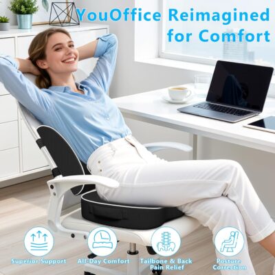 Ergonomic Memory Foam Seat Cushion & Lumbar Support Pillow Set, Orthopedic Coccyx Cushion for Office Chair, Car, Home – Relieves Back, Sciatica & Tailbone Pain, Improves Posture Black/Large - Image 5