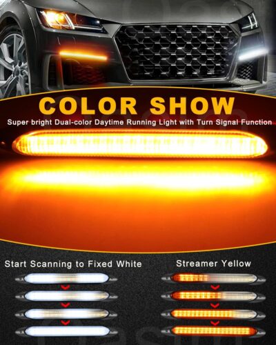 Qasim DRL LED Strip Car Daytime Running Light 14in White Automobile Decorative Warning Lights Yellow Streamer Flow Turn Signal Light Strip Bar 12V (2Pcs, 34.5cm) - Image 3