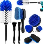 Wheel Brush Kit, Soft Drill Wheel Cleaner Brush, Tire Brush, Detailing Brush, and Detailing Pads, No Scratches Car Wheel Cleaning Kit for Wheels, Tire, Rims, Engines, Exhaust(Blue + White 9 Pk)