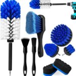 Wheel Brush Kit, Soft Drill Wheel Cleaner Brush, Tire Brush, Detailing Brush, and Detailing Pads, No Scratches Car Wheel Cleaning Kit for Wheels, Tire, Rims, Engines, Exhaust(Blue + White 9 Pk)