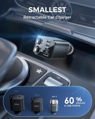 SUPERONE 6 in 1 Retractable Car Charger with Dual Type C Cables, 99W Ultra-Compact USB C Car Accessories Adapter with 4 USB Ports, Fast Charging Car Charger for iPhone 17/16/15/14/13/12, Galaxy, iPad - Image 4