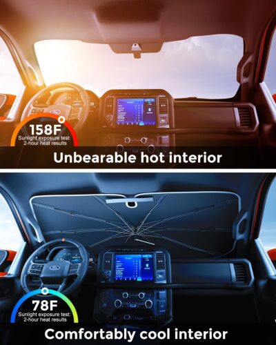 [2026 Upgraded] Weektic Truck Windshield Sun Shade for F-150/Silverado/Tundra/RAM 1500/Sierra - 5 Layers Ice Crystal Coating Blocks 99% UV, Cools Interior | 360° Swivel Handle for Easy Use - Image 2