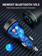 FM Transmitter for Car Bluetooth 5.3, [All-Metal] PD 30W & QC3.0 18W Fast Car Charger, Wireless FM Radio Kit Bluetooth Car Adapter, Noise Cancelling Hands-Free Call, Blue Light - Black - Image 5