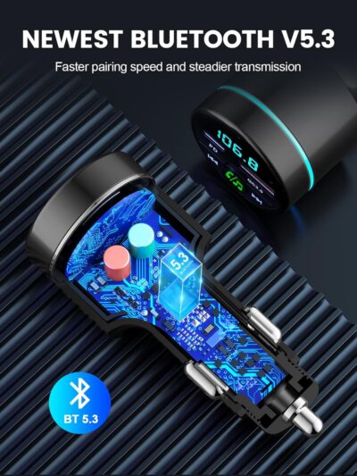FM Transmitter for Car Bluetooth 5.3, [All-Metal] PD 30W & QC3.0 18W Fast Car Charger, Wireless FM Radio Kit Bluetooth Car Adapter, Noise Cancelling Hands-Free Call, Blue Light - Black - Image 5