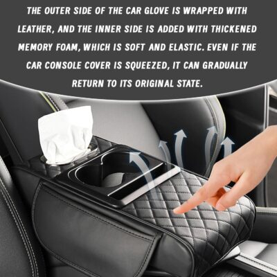 Car Armrest Cushion, 5 in 1 Center Console Cover with 2 Cup Holders, Phone Holder, Tissue Holder, Storage Bag, Multifunctional Leather Heightened Car Armrest Cushion for Most Cars - Image 4
