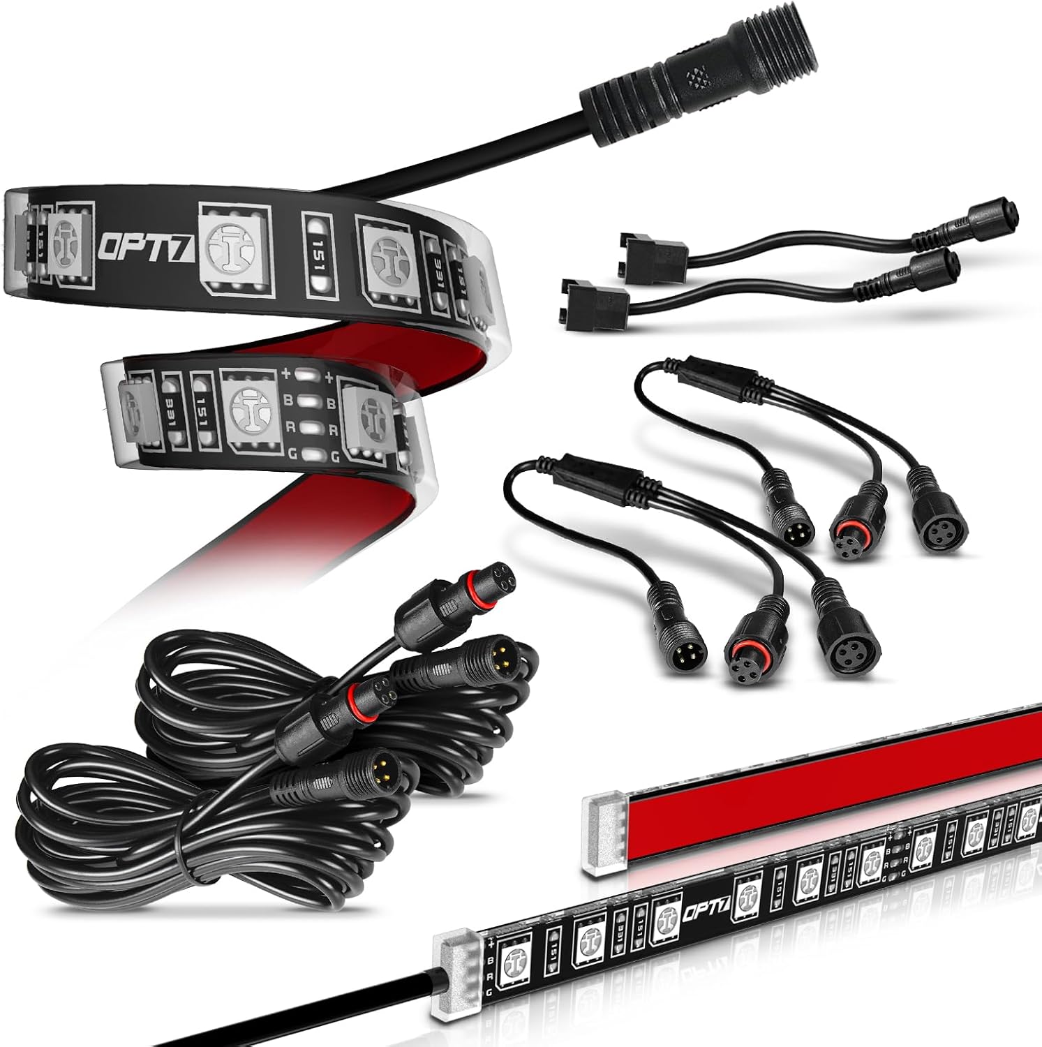 71nGI5qjDqL._AC_SL1500_.jpg OPT7 Aura Single Row Expansion Pack - 2pc 12” RGB Multicolor LED Strips w/Splitters and Extension Wires for Interior, Wheel Well, Grille, Golf Cart, Car, Boat Underglow Lights - Image 1