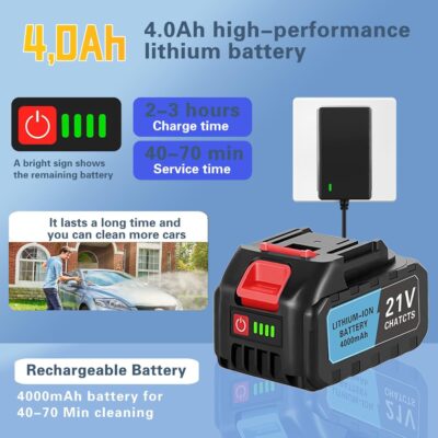 Portable Cordless Pressure Washer, 980PSI Cordless Car Pressure Washer with 2 Batteries, 6 in 1 Nozzle, 5 Meter Hose, for Watering, Cleaning, Car Washing, Floor Washing - Image 4