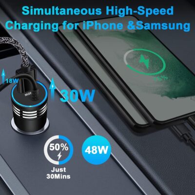 48W Super Fast Car Charger USB C Rapid Android Car Adapter with 30W Built-in Type C Fast Charging Cable for Samsung Galaxy S26 S25 S24 S23 Ultra S22 S21 S20 FE A16 A15 A14 A54 A53 A23 A13 Z Flip 7 6 - Image 2