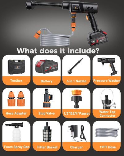 Cordless Pressure Washer, 1100PSI Portable Power Washer with 3.0Ah Battery, 1.8Max GPM Cordless Power Washer Battery Operated with 6-in-1 Nozzle, Foam Pot,17ft Hose, suit for Car/Floor/Garden - Image 6