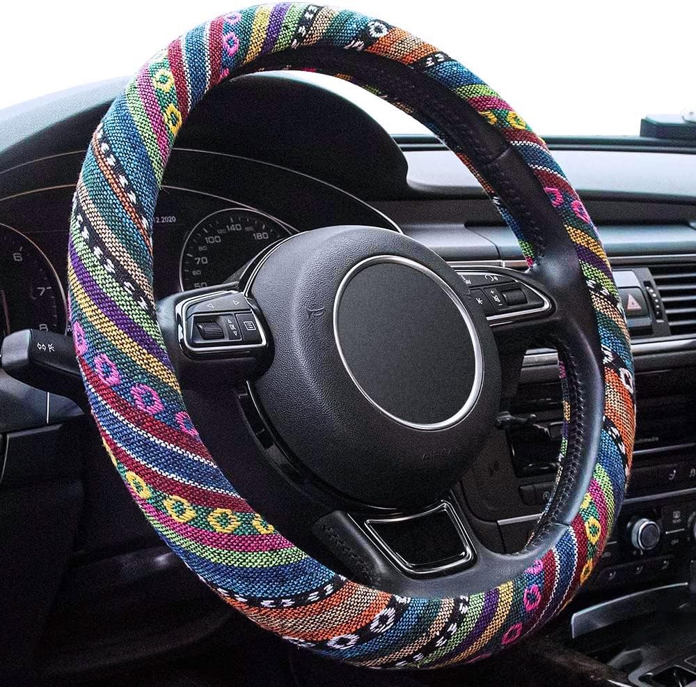 71nb8aw6GL._AC_SL1000_.jpg Boho Steering Wheel Cover Elastic Microfiber for Women, Universal Fit 15 inch Car SUV, Hippie Style Protector Cover, Anti-Slip, Breathable, Absorbing Sweat - 01 - Image 1