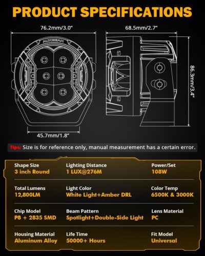 Auxbeam 3 Inch Round Driving Lights, 108W Side Shooter Offroad Pod Lights with Amber DRL, 270° Ultra-Wide Ditch Light Hyper Spot Beam Work 3 Modes White Amber Yellow Cube Pod with Covers, Pair - Image 4