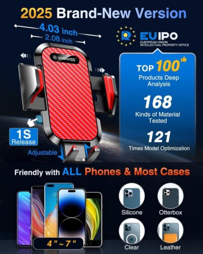 VANMASS Phone Holders for Your Car 2026 Ultimate Phone Mount Military-Grade Windshield Dashboard Vent【Newest Best Strongest】 Cell Phone Car Mount for iPhone 16 Pro Max 15 Samsung Android,Red - Image 6