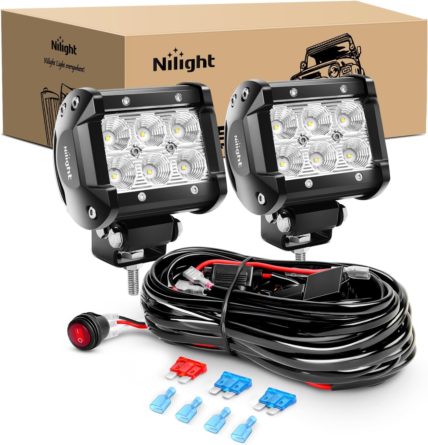 71nwgI5BE6L._AC_SL1500_.jpg Nilight - ZH010 2PCS 4 Inch 18W Flood LED Fog Lights Off Road Driving Lights With Wiring Harness, 2 Years Warranty - Image 1