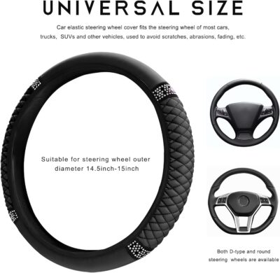 Bling Car Steering Wheel Cover, 15 Inch Sparkly Rhinestone Soft Leather Steering Wheel Protector, Non-Slip Universal Auto Elastic Steering Wheel Covers for Women Girls (Black) - Image 2