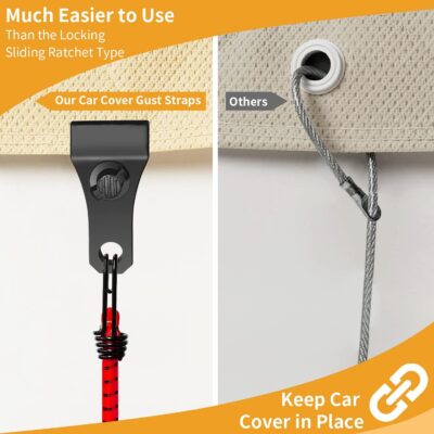 Hlogree 2PCS Car Cover Gust Straps Wind Protector,Bungee Cords Hook Clips Kit Hold Tarp Tie Down from Blowing Off in High Winds-Universal Fit for Most Cars,Sedans,SUVs,Trucks,Vans and More-Red - Image 9