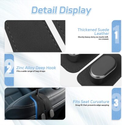 Car Seat Headrest Hooks - 2 Pack Universal Car Purse Hook, Leather Car Bag Purse Holder with Double Metal Hooks for Handbags, Grocery Bags, Bottles, Phones - Image 5